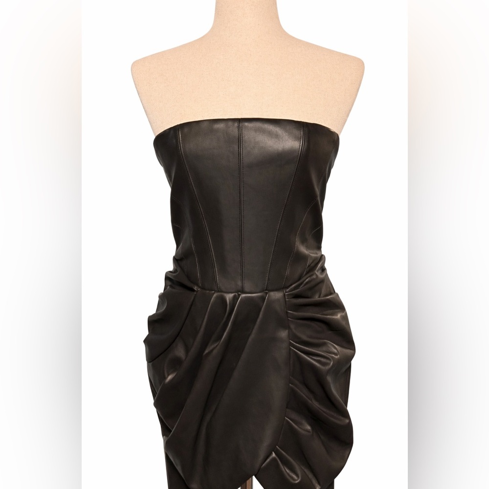 NWT Oh Polly vegan leather strapless mini dress. Draped says 6- fits like 4